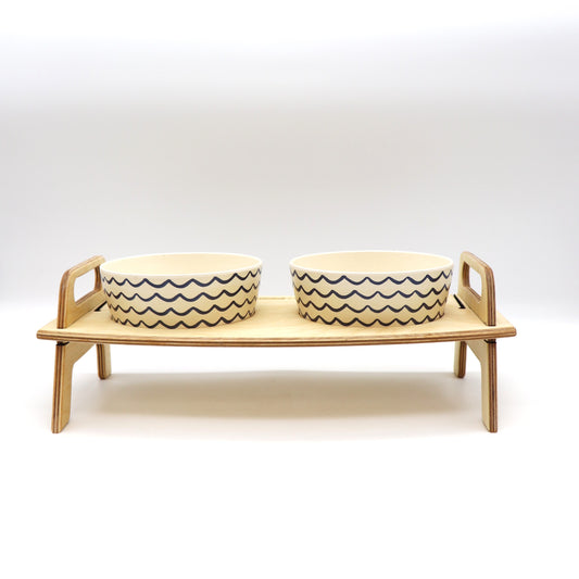 Double Bowl Stand - Bamboo Bowl - Ocean Waves